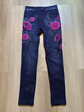 Elete Legwear Faux Denim Jean Floral Print Leggings One Size